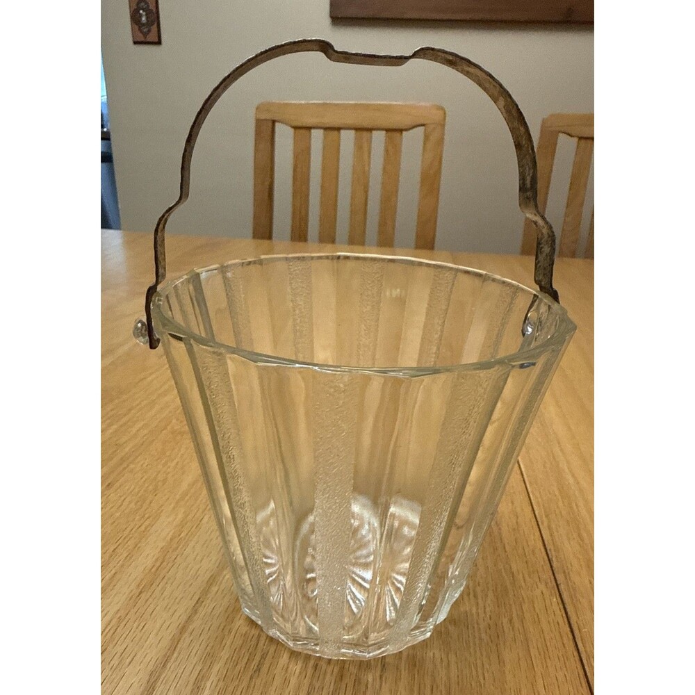 Vintage MCM Crystal Glass Ice Bucket Metal Handle Heller Co. Brooklyn NY Deco